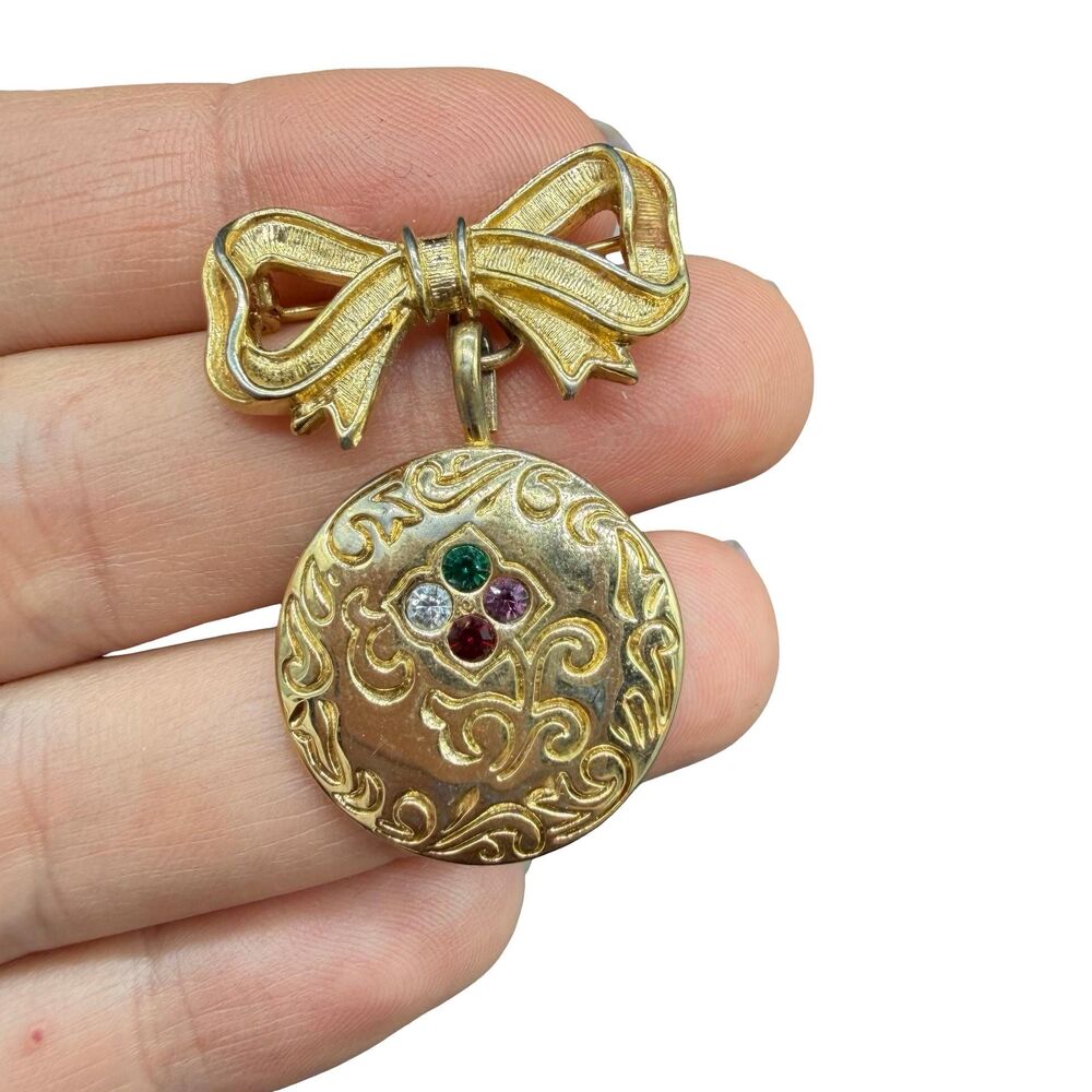 Gold Tone Avon Tied Ribbon Bow Rhinestones Drop Pin Marked DEAR on Back Brooch